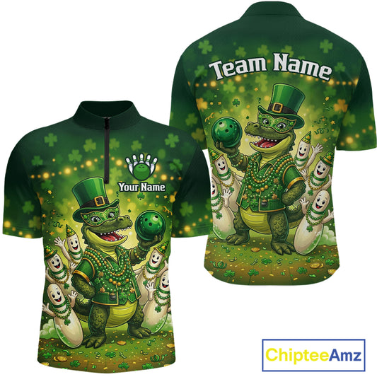 Custom Green Funny Alligator Bowling Shirt Samrock Pattern Bowling St. Patrick's Day for Men QZT935