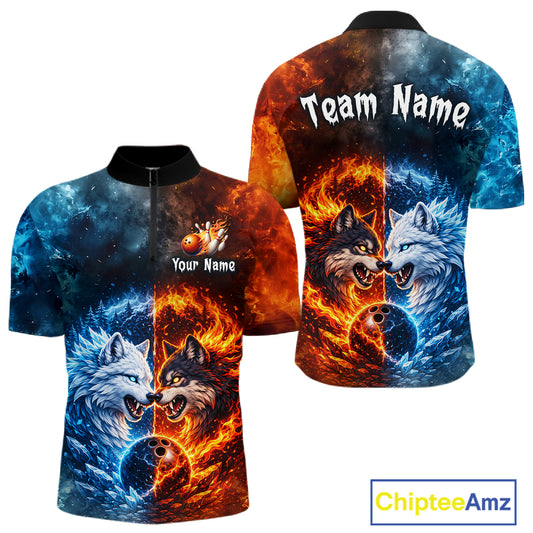 Fire and Ice Wolf Bowling Team Shirt Custom Bowling League Jersey for Men Bowling Polo & 1/4-Zip QZT937
