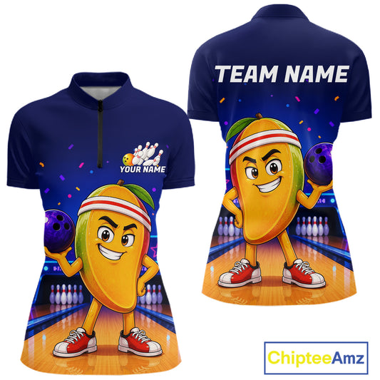 Navy blue bowling-themed shirt with cartoon mango character and customizable text on a white background