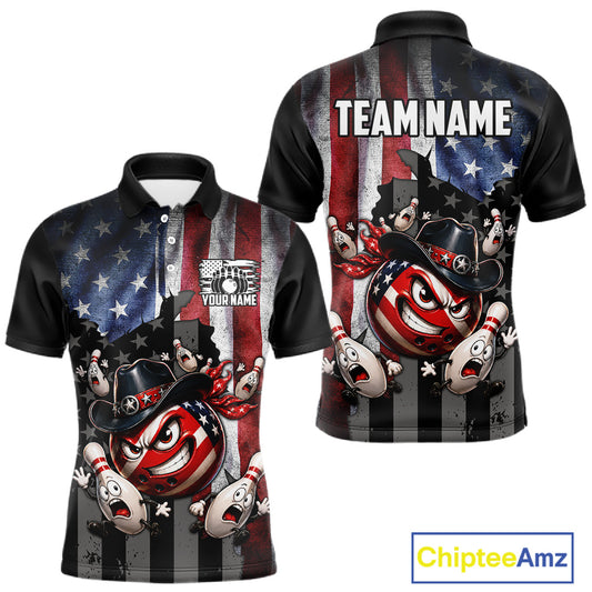 Polo shirt with American flag design and cartoon bowling ball character, featuring 'Chiptee Amz' branding.