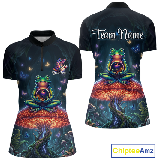 Custom Zen Frog Bowling Shirt for Women Meditation Style Bowling Jersey Polo & 1/4-Zip QZT991