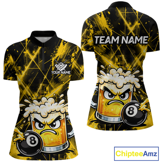 Custom Yellow Funny Beer Billiard Shirt for Women Billiard Jersey 8 Ball Pool Shirt Outfit BHT23