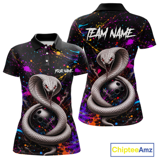 Two polo shirts with snake and bowling ball design on a colorful splatter background, featuring 'Chiptee Amz' branding.