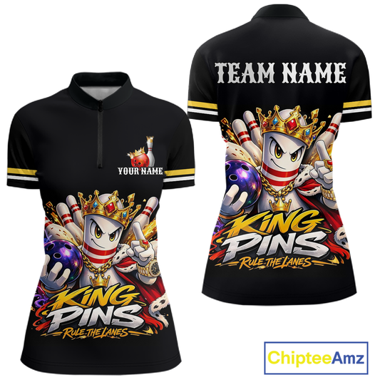 Custom King Pins Bowling Shirt for Women Bowling Team Jersey Polo & Quarter-Zip Shirt Bowling Tournament QZT950