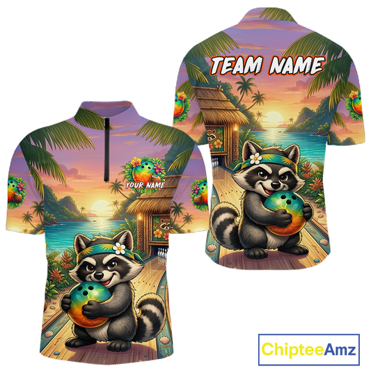 Floral Raccoon Bowling Shirt for Men Custom Bowling Team Jersey Polo & Quarter-Zip QZT993