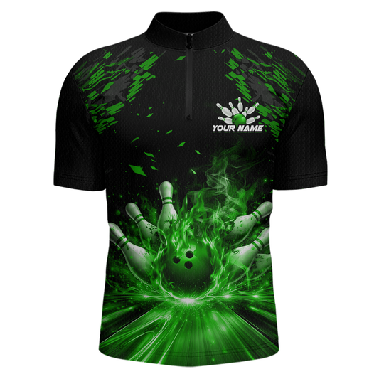 Custom Green Flame Bowling Team Shirt for Men Polo & 1/4-Zip Bowling Jersey Bowling League Uniform QZT866