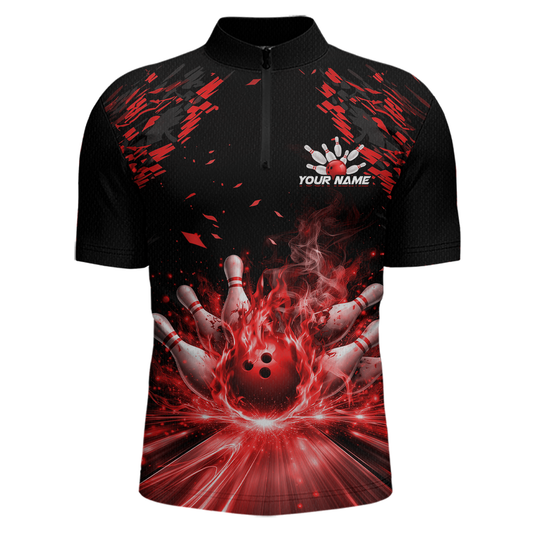 Custom Red Flame Bowling Team Shirt for Men Polo & 1/4-Zip Bowling Jersey Bowling League Uniform QZT866