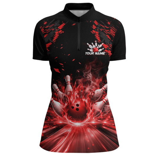 Custom Red Flame Bowling Team Shirt for Men Polo & 1/4-Zip Bowling Jersey Bowling League Uniform QZT866