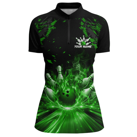 Custom Green Flame Bowling Team Shirt for Women Polo & 1/4-Zip Bowling Jersey Bowling League Uniform QZT866