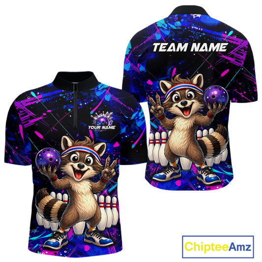 Custom Neon Funny Raccoon Bowling Team Jersey for Men Bowling Shirt Bowling Tournament Polo & 1/4-Zip QZT957