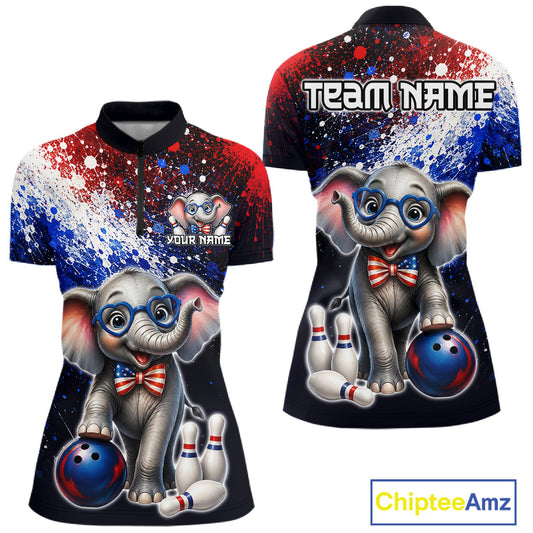 Custom American Flag elephant bowling quarter-zip shirt, front and back views, bowling league jersey for women