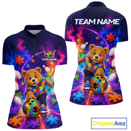 Colorful Autism Bear Bowling Shirt Custom Bowling Jersey League for Women Polo & 1/4-Zip QZT1052