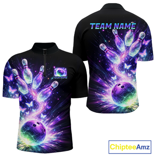 Neon Aurora Bowling Shirt Custom Galaxy Glow Bowling Jersey for Men Polo & Quarter-Zip QZT967