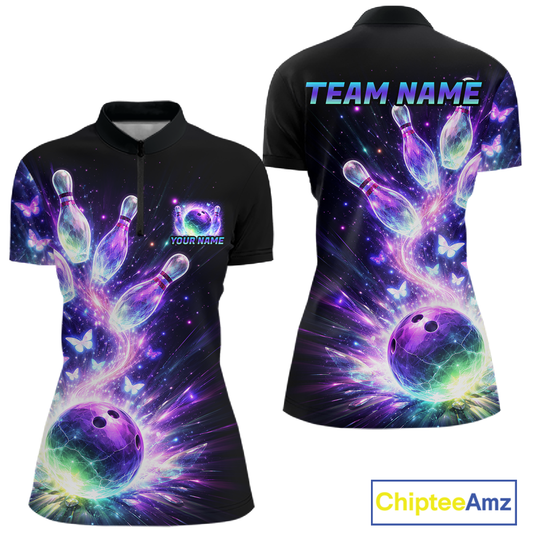 Neon Aurora Bowling Shirt Custom Galaxy Glow Bowling Jersey for Women Polo & Quarter-Zip QZT967
