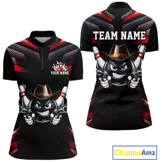Custom Black & Red Funny Cowboy Bowling Shirt for Women Polo & 1/4-Zip Bowling League QZT840