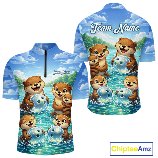 Custom Funny Otter Family Bowling Shirt DNA Bowling League Polo & 1/4-Zip Bowling Outfit for Men QZT933