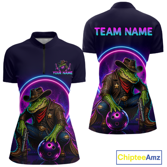 Custom Neon Cowboy Alliagator Bowling Shirt for Women Bowling Team Jersey Polo & 1/4-Zip Bowling Outfit QZT1013