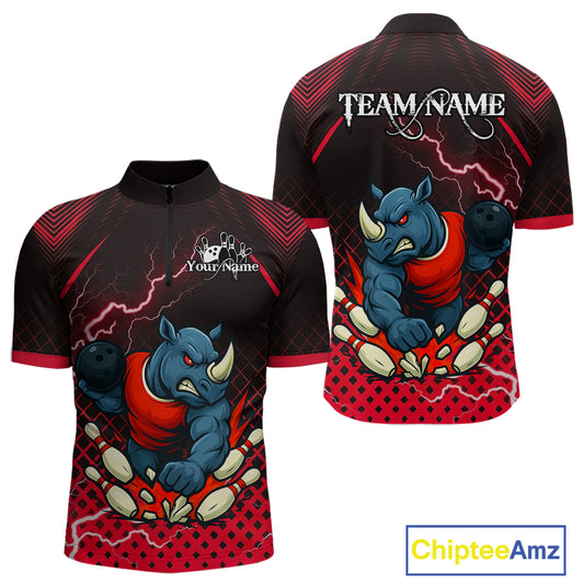 Custom Funny Red Rhino Bowling Team Shirt for Men Bowling Jersey Polo, Quarter-Zip Outfit QZT805