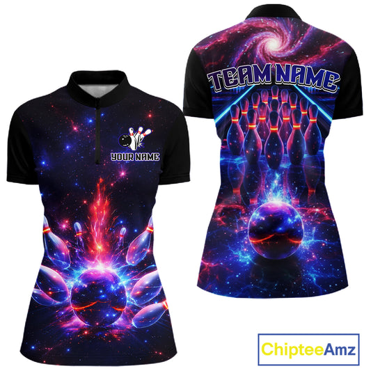 Personalized Galaxy Bowling Shirt Polo & 1/4-Zip for Women Bowling Jersey League QZT837