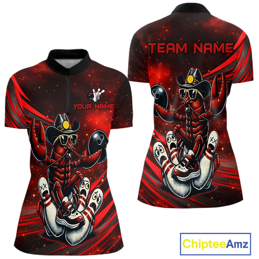 Red and black polo shirt with crawfish design and customizable text on a white background