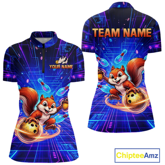 Custom Neon Funny Squirrel Bowling Shirt for Women Bowling Team Jersey Polo & Quarter-Zip Bowling Outfit QZT981
