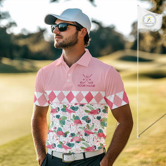 Flamingo Argyle Pattern Mens Golf Polo Shirt Funny Floral Custom Golf Shirt Unique Golfer Gift Apparel NHN0022