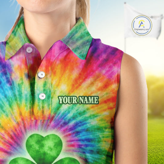 Colorful Tie Dye Womens Sleeveless Golf Polo Shirt Custom Green Clover St Patrick Day Golf Tops NHN0170
