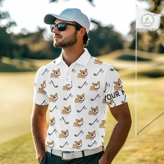 Mens Golf Polo Shirt Custom Cute Dogs Corgi Print White Golf Shirts For Men, Dog Lover Gift NHN0069