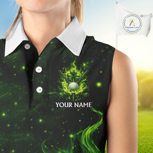 Womens Sleeveless Golf Polo Shirt Neon Green Flame Golf Ball Custom Clover St Patricks Day Golf Shirts NHN0223
