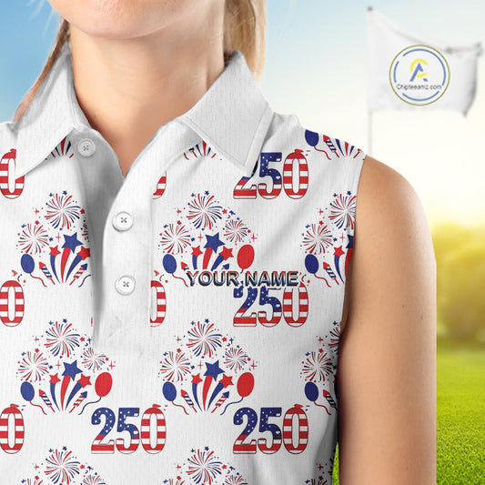 USA 250th Anniversary Womens Sleeveless Golf Polo Shirt Custom Golf Pattern Team Patriotic Golf Tops NHN0231