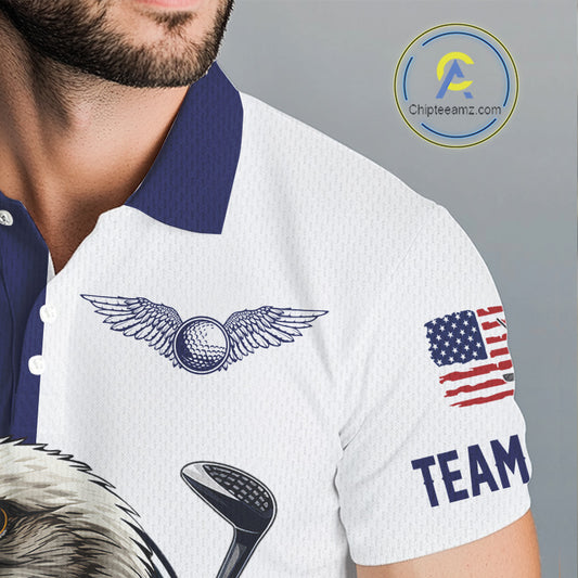 American Flag Eagle Mens Golf Polo Shirts Custom Patriotic Eagle Blue & White Golf Attire For Men NHN0041