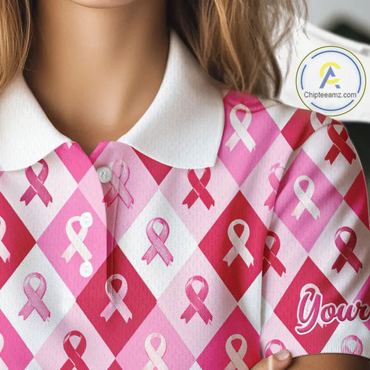 Pink Plaid Womens Golf Polo Shirt Custom Pink Ribbon Breast Cancer Awareness Team Golf Tops NHN0165
