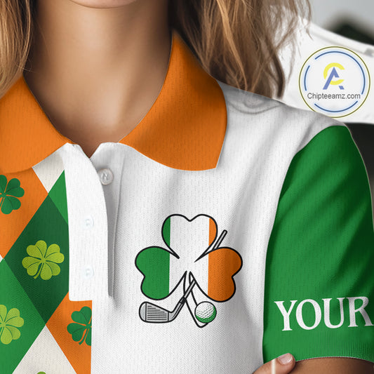 Argyle Womens Golf Polo Shirts Custom Ireland Flag St Patricks Day Green Clovers Plaid Golf Tops NHN0141