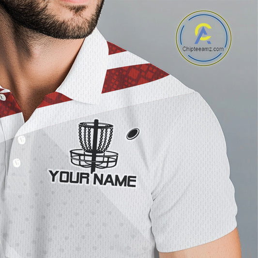 Mens Disc Golf Polo Shirt Custom Name White And Red Disc Golf Basket Personalized Disc Golf Shirts NHN0032