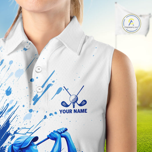 Golf Polo Shirts, Womens Sleeveless Golf Polo Shirt Blue Painting Golfer Custom Team Golf Shirt NHN0090