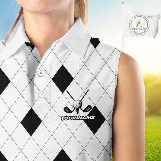 Argyle Womens Sleeveless Golf Polo Shirt Custom Name, Personalized Plaid Golf Shirts For Ladies NHN0120