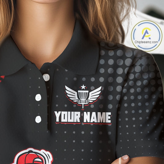 Skull Womens Disc Golf Polo Shirt Custom Name Black And Red Disc Golf Basket Personalized Golf Shirts NHN0049