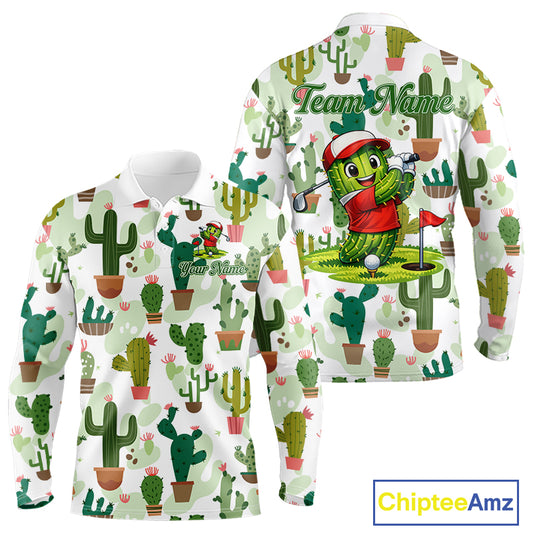 Funny Cactus Flower Long Sleeve Golf Polo Shirt Custom Name Golf Tops, Cactus Golf Shirt Personalized NHN0237
