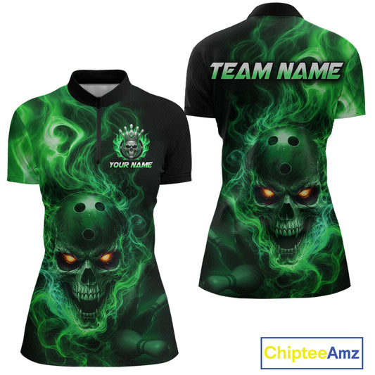 Front and back views of a black bowling quarter zip shirt featuring a flaming skull with glowing orange eyes, green smoke effects, and custom “TEAM NAME” and “YOUR NAME” text.