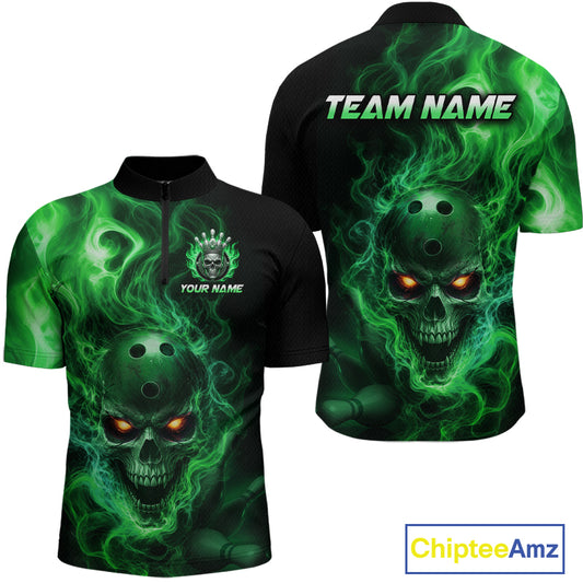 Front and back views of a black bowling quarter zip shirt featuring a flaming skull with glowing orange eyes, green smoke effects, and custom “TEAM NAME” and “YOUR NAME” text.