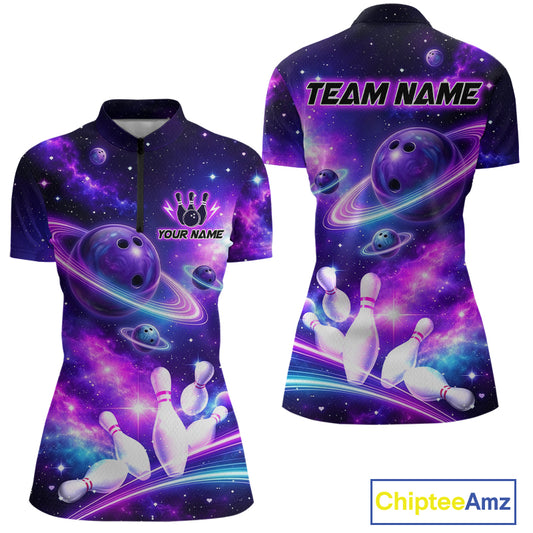 Front and back views of a purple galaxy bowling quarter zip with ringed planet bowling balls, white pins, and custom team and player name text.