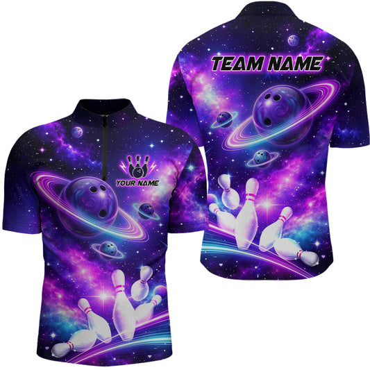 Front and back views of a purple galaxy bowling quarter zip with ringed planet bowling balls, white pins, and custom team and player name text.