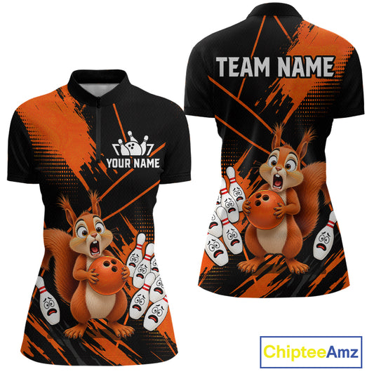 Custom Orange Squirrel Bowling Jersey for Women Bowling Team Shirts Bowling Polo & 1/4 Zip HNT301