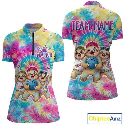 Custom Funny Sloth Bowling Jersey for Women Tropical Tie-Dye Bowling Team Shirts Bowling League HNT306