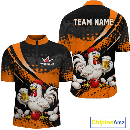 Front and back views of a orange and black bowling quarter zip featuring a chicken holding a beer mug, red bowling ball, scattered pins, and custom team text.