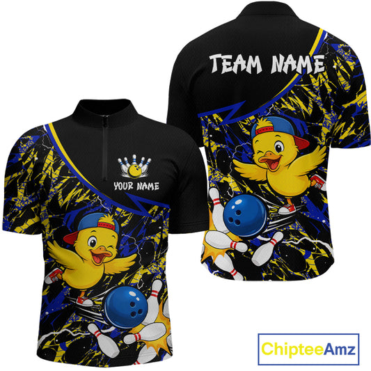 Black bowling-themed shirt with duck cartoon character and customizable text, featuring Chiptee Amz branding.