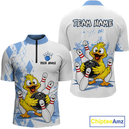 Front and back views of a white short-sleeve bowling-themed jersey with a blue collar, featuring a cartoon yellow duck holding bowling balls and pins, plus customizable text areas reading 'TEAM NAME' and 'YOUR NAME'.
