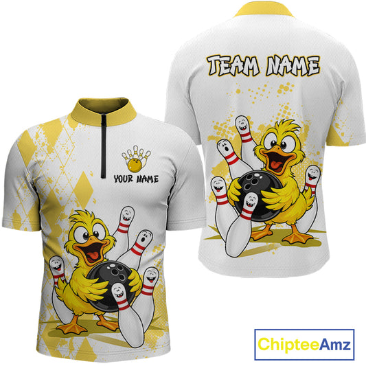 Front and back views of a white and yellow bowling-themed short-sleeve jersey with a cartoon yellow duck holding bowling balls and pins, customizable text on the front, and 'TEAM NAME' on the back.
