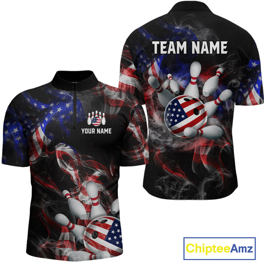 Front and back views of a black patriotic bowling quarter zip with smoky flag graphics, custom team text, and an American flag bowling ball striking pins.