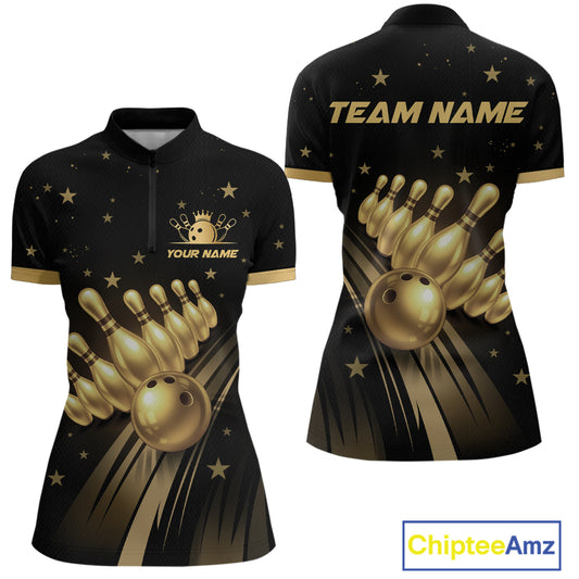 Custom Black and Gold Bowling Jersey for Women Bowling Team Shirts Bowling Uniform Polo & 1/4 Zip HNT176